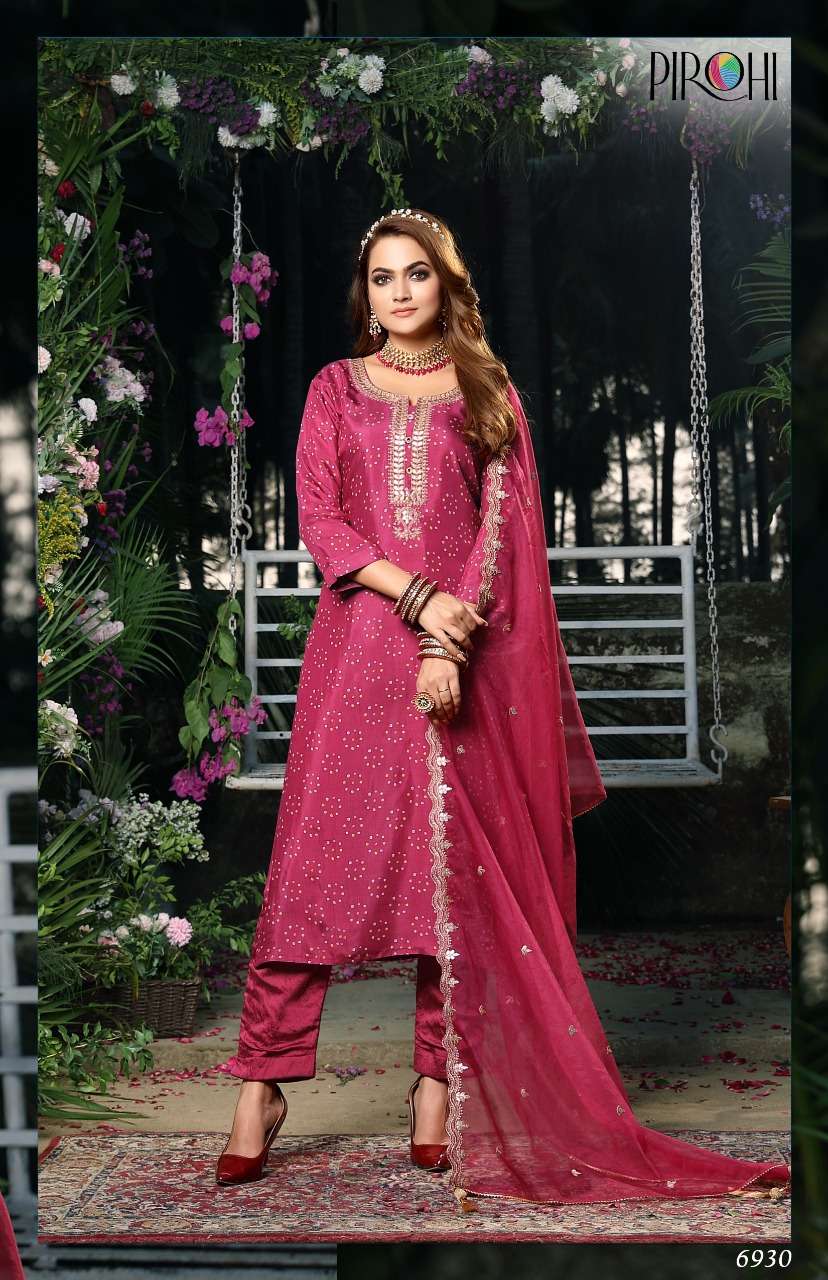 Pirohi Bahara On Pure Muslin Kurti Pant With Beautiful Bandhni Prints Cut Work Dupatta On Wholesale