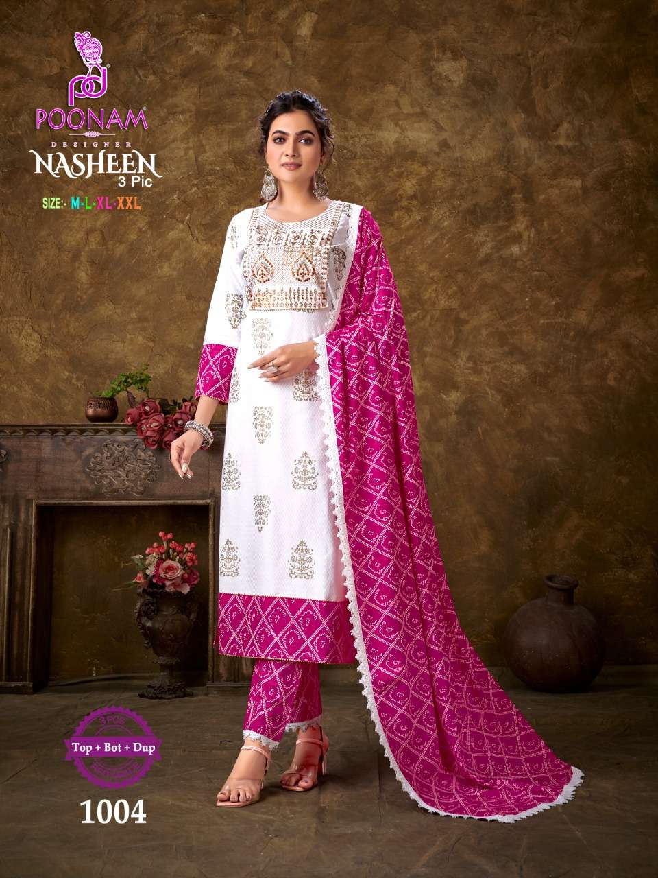 Poonam Designer Nasheen 3 Piece In Pure Rayon Embroidery With Rayon Print Dupatta On wholesale