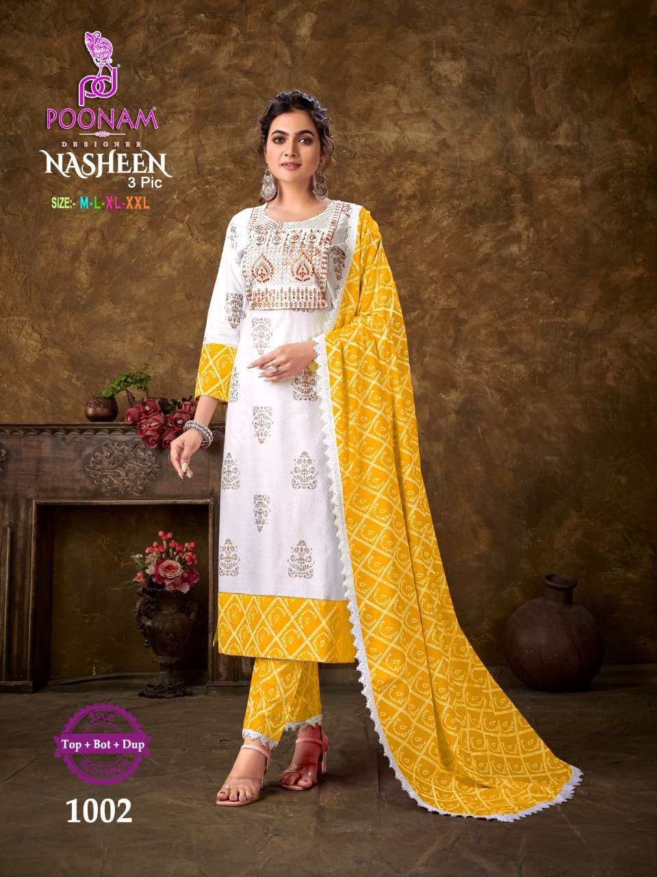 Poonam Designer Nasheen 3 Piece In Pure Rayon Embroidery With Rayon Print Dupatta On wholesale