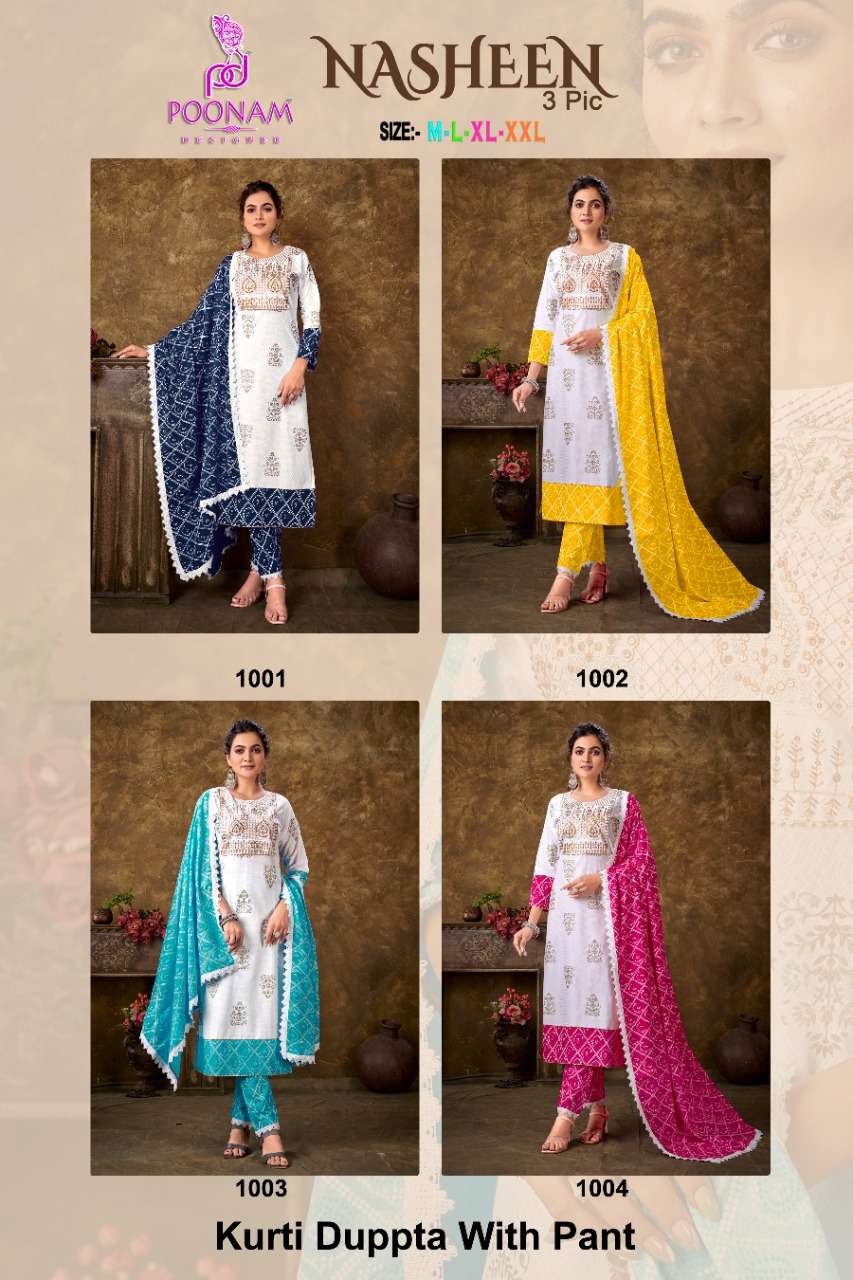 Poonam Designer Nasheen 3 Piece In Pure Rayon Embroidery With Rayon Print Dupatta On wholesale