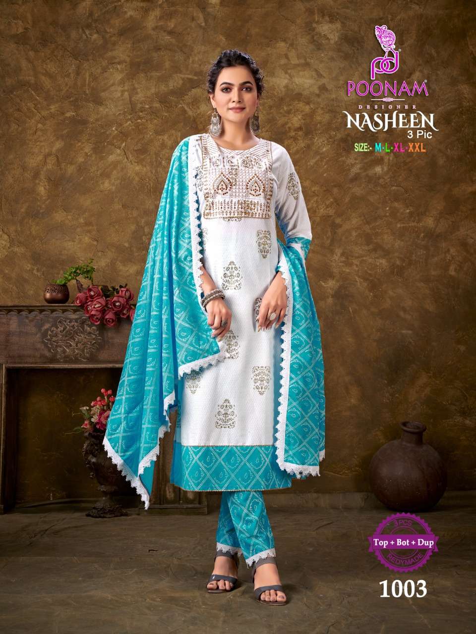 Poonam Designer Nasheen 3 Piece In Pure Rayon Embroidery With Rayon Print Dupatta On wholesale