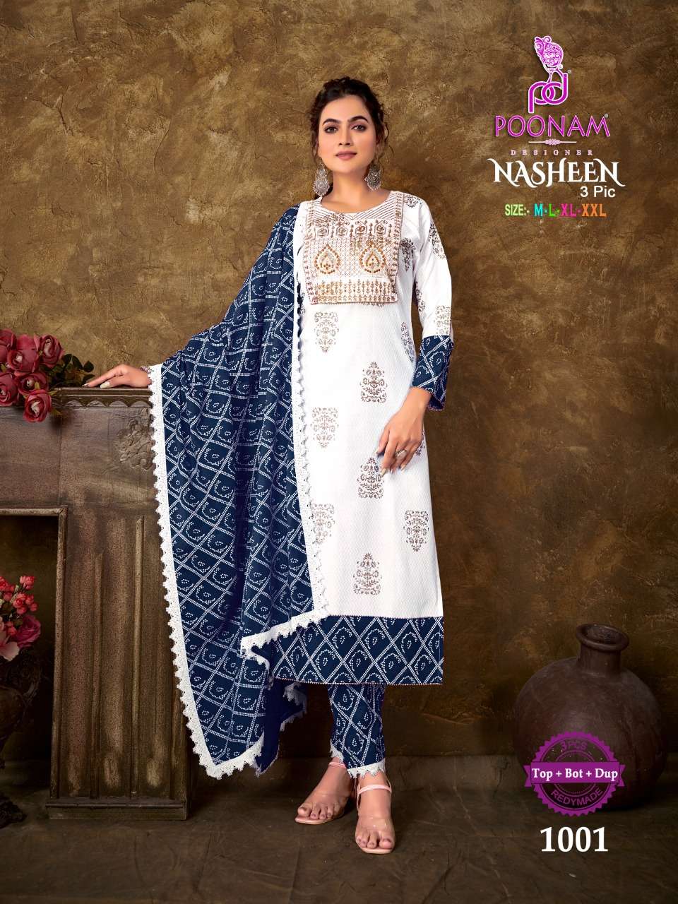 Poonam Designer Nasheen 3 Piece In Pure Rayon Embroidery With Rayon Print Dupatta On wholesale