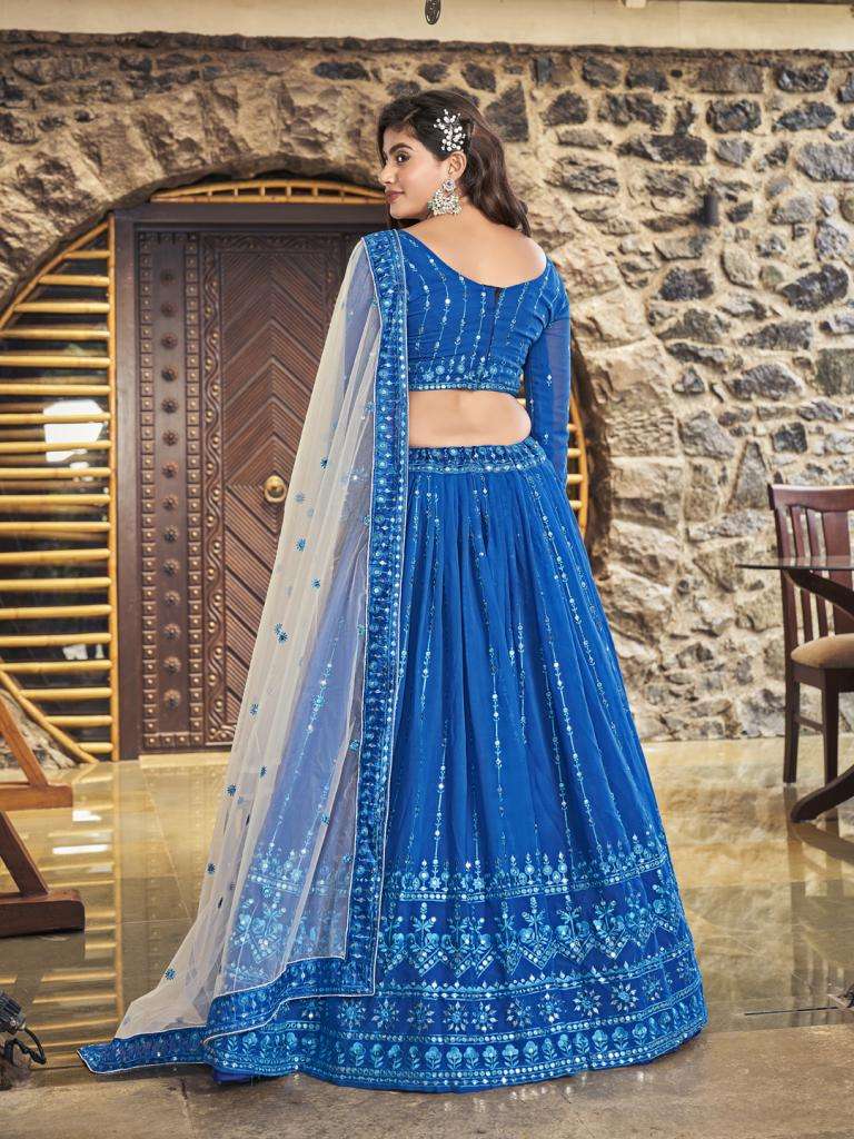  Royal Blue Sequin Embroidered Georgette Lehenga Choli Collection On Wholesale