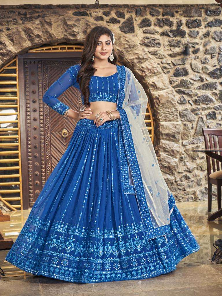  Royal Blue Sequin Embroidered Georgette Lehenga Choli Collection On Wholesale