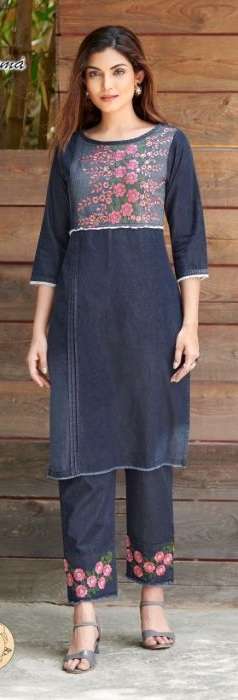 Notch Neck Denim Blue Embroidered Long Kurti | Seriema-1090 | Cilory.com