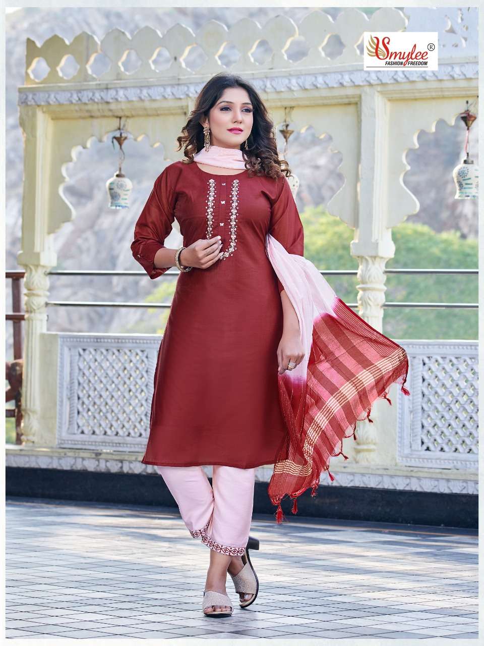  Smylee  Inayat Kurti With Pant And Dupatta Chanderi Silk On Wholesale