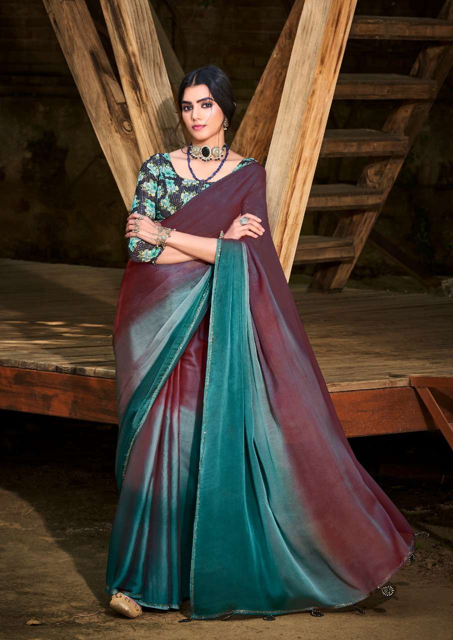 SR ARUNA VOL 2  3D VELVET CHIFFON With Sequence Blouse On Wholesale