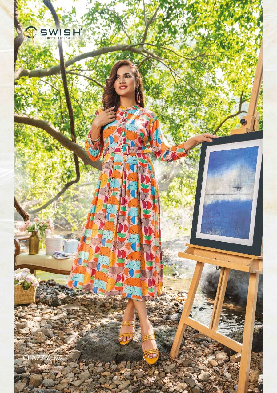 Swish Clazzy 101-106 Series Rayon Viscose Digital Printed Long Kurtis On Wholesale 