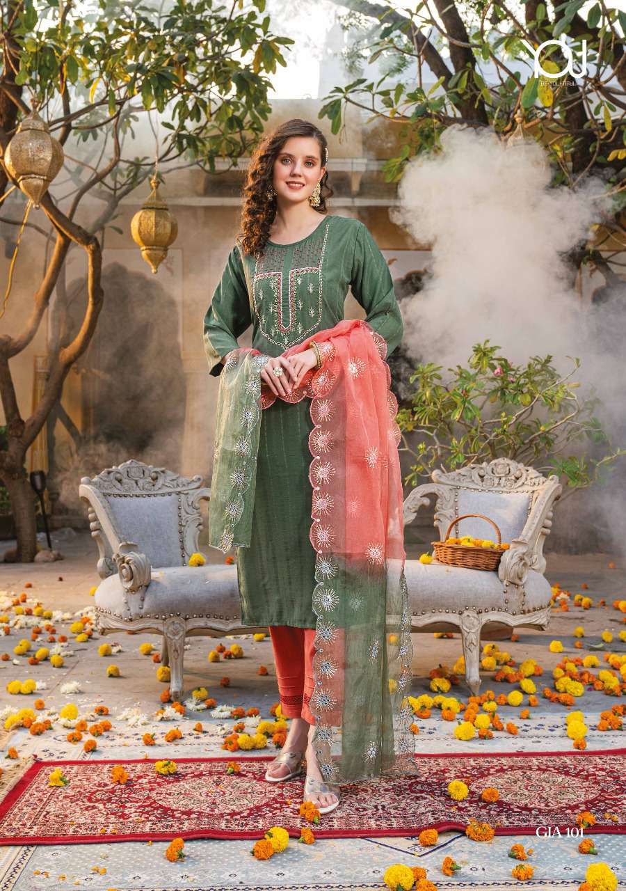 Wanna Launch Gia  New Super Fancy Rayon Hand Work Kurti With Pant & Dupatta On Wholesale 