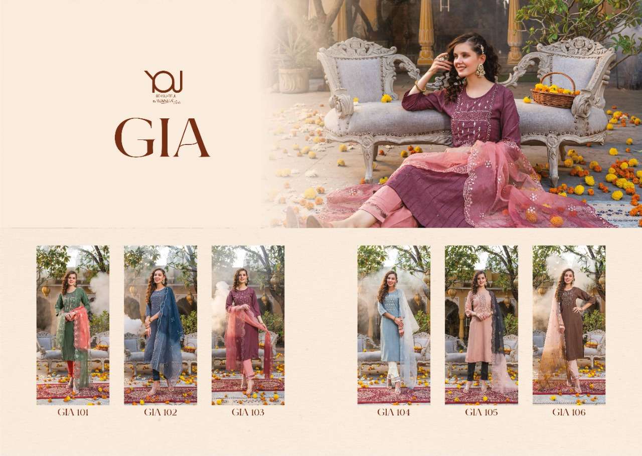 Wanna Launch Gia  New Super Fancy Rayon Hand Work Kurti With Pant & Dupatta On Wholesale 