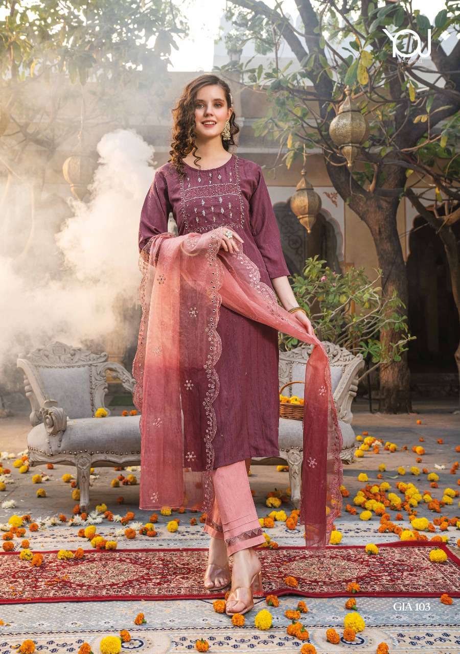 Wanna Launch Gia  New Super Fancy Rayon Hand Work Kurti With Pant & Dupatta On Wholesale 