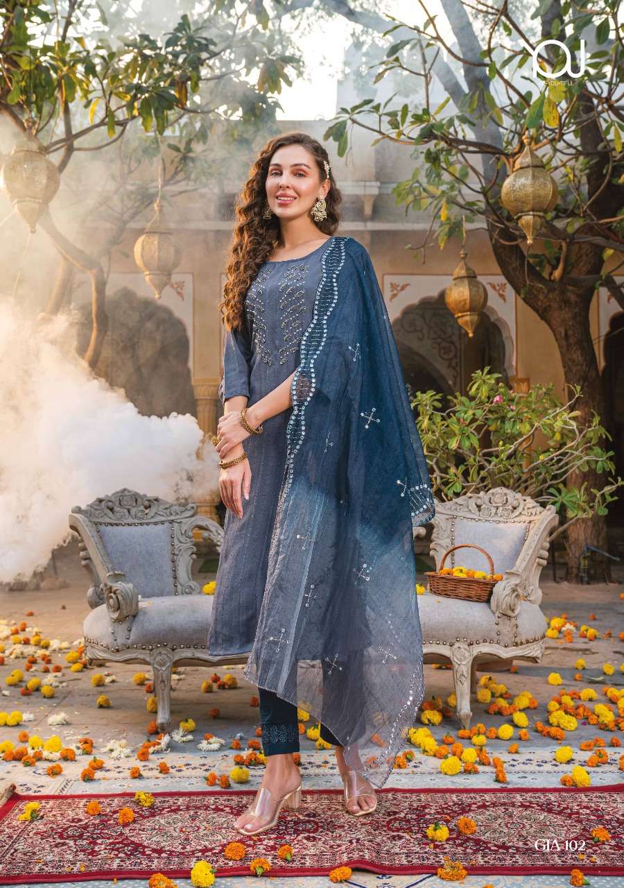Wanna Launch Gia  New Super Fancy Rayon Hand Work Kurti With Pant & Dupatta On Wholesale 