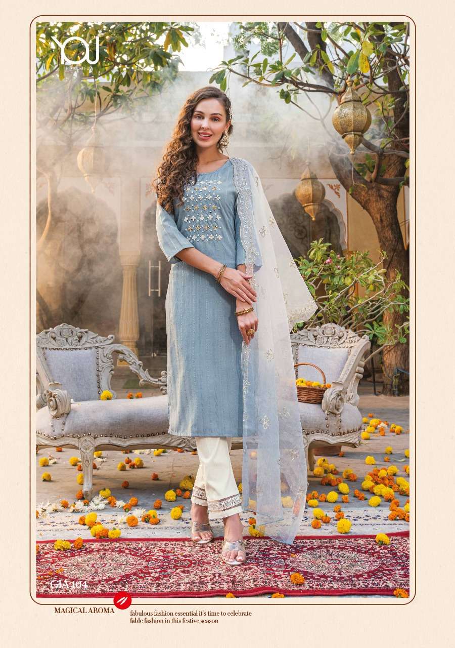Wanna Launch Gia  New Super Fancy Rayon Hand Work Kurti With Pant & Dupatta On Wholesale 