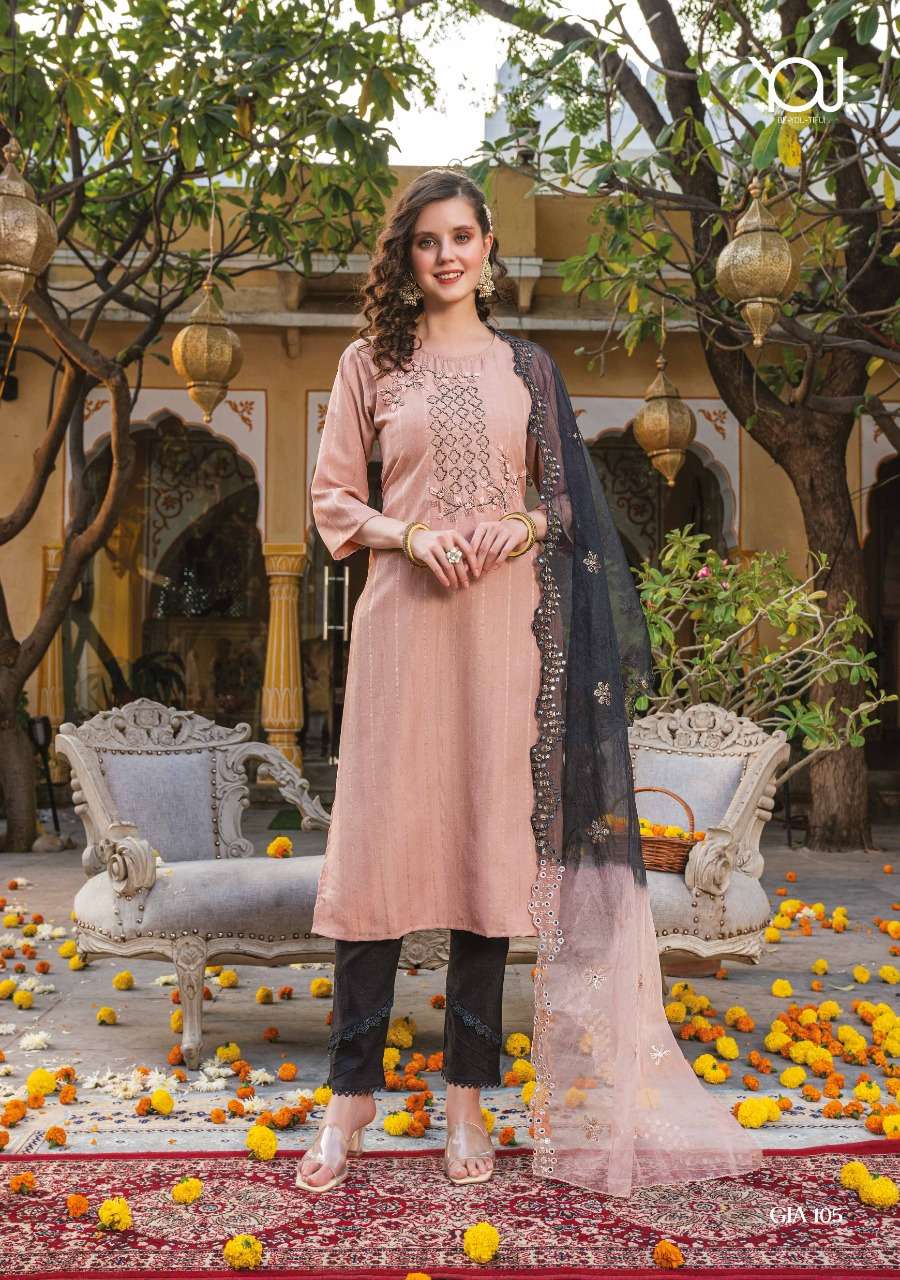 Wanna Launch Gia  New Super Fancy Rayon Hand Work Kurti With Pant & Dupatta On Wholesale 