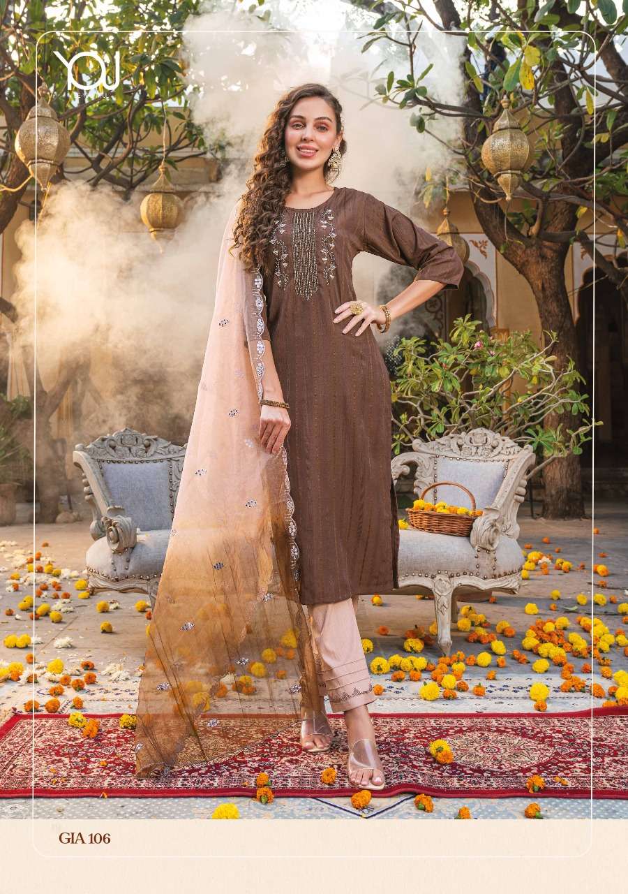 Wanna Launch Gia  New Super Fancy Rayon Hand Work Kurti With Pant & Dupatta On Wholesale 