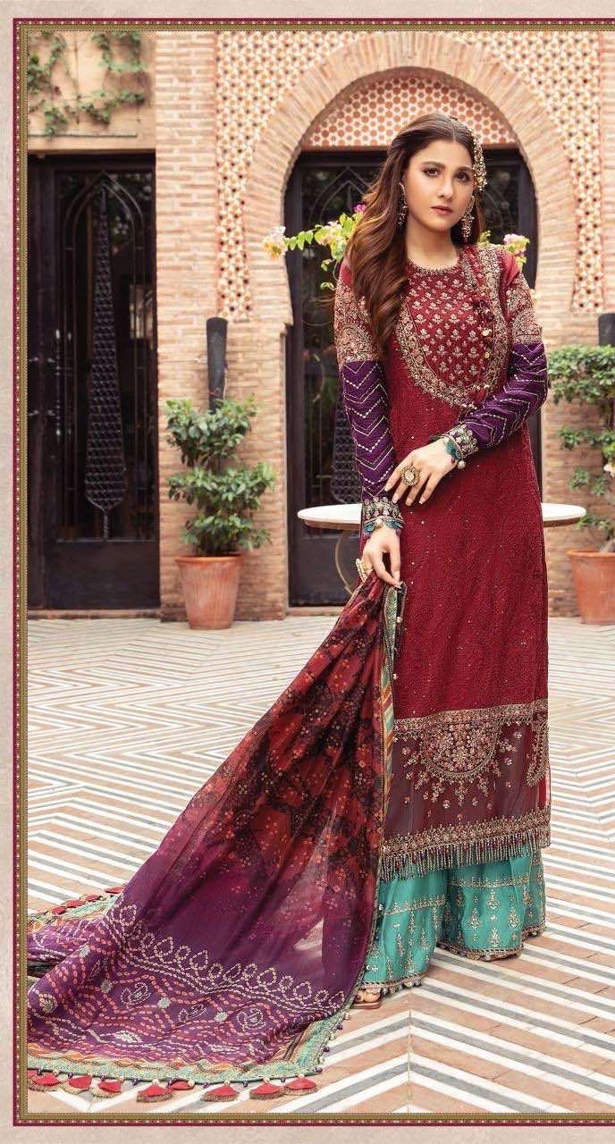 Zarqash Sateen Maria B Fox Georgette Heavy Embroidery Unstitch On Wholesale
