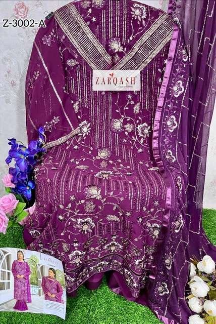 Zarqash Z-3002 Georgette With Heavy Embroidery Pakistani Suits On Wholesale