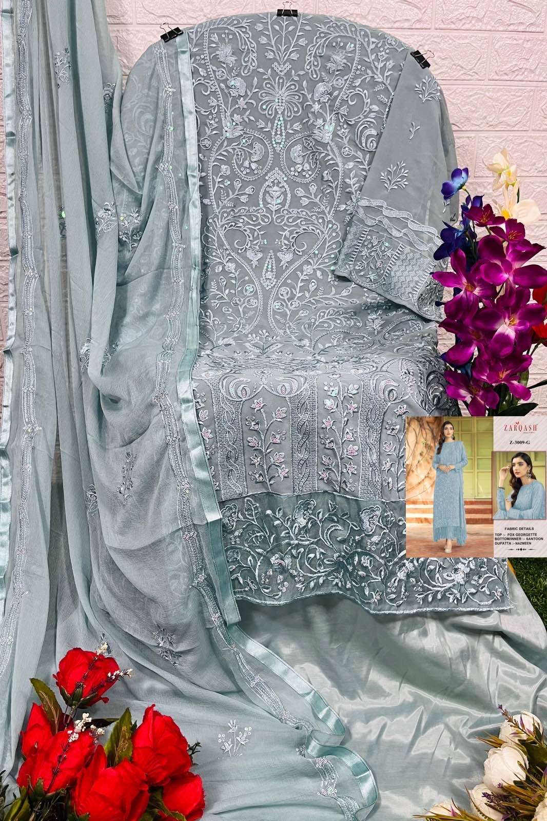 Zarqash Z - 3009 E to H Georgette Embroidery Pakistani Suits On Wholesale