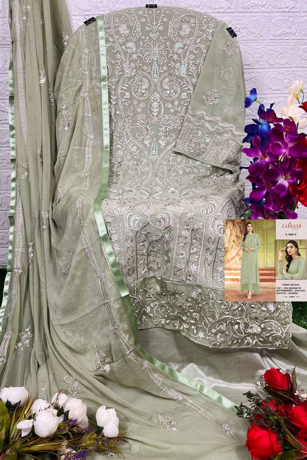 Zarqash Z - 3009 E to H Georgette Embroidery Pakistani Suits On Wholesale