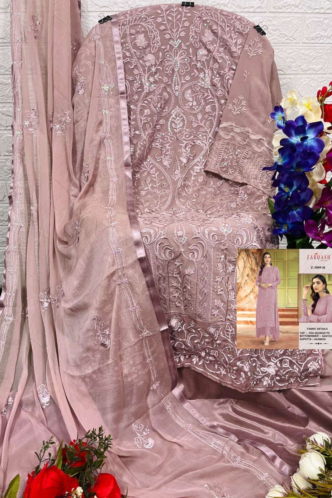 Zarqash Z - 3009 E to H Georgette Embroidery Pakistani Suits On Wholesale