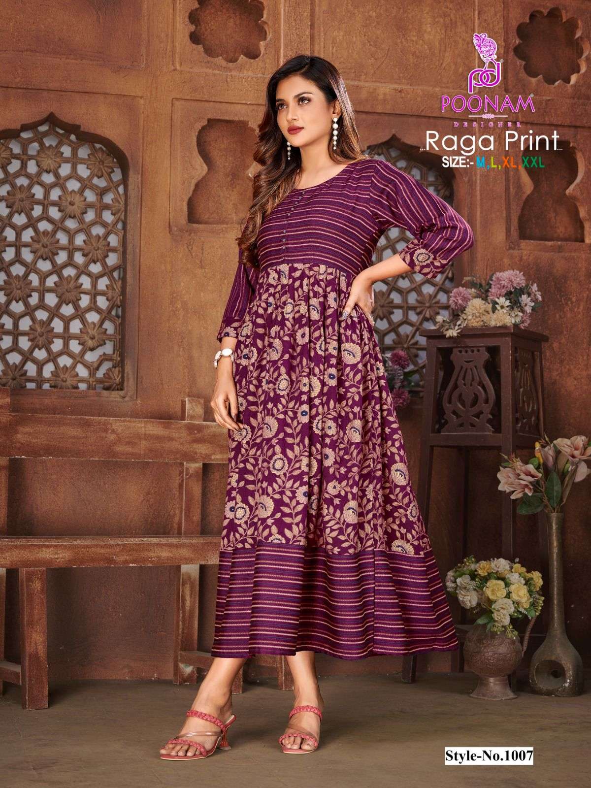  Poonam Raga Rayon Print Long Anarkali Kurti On Wholesale