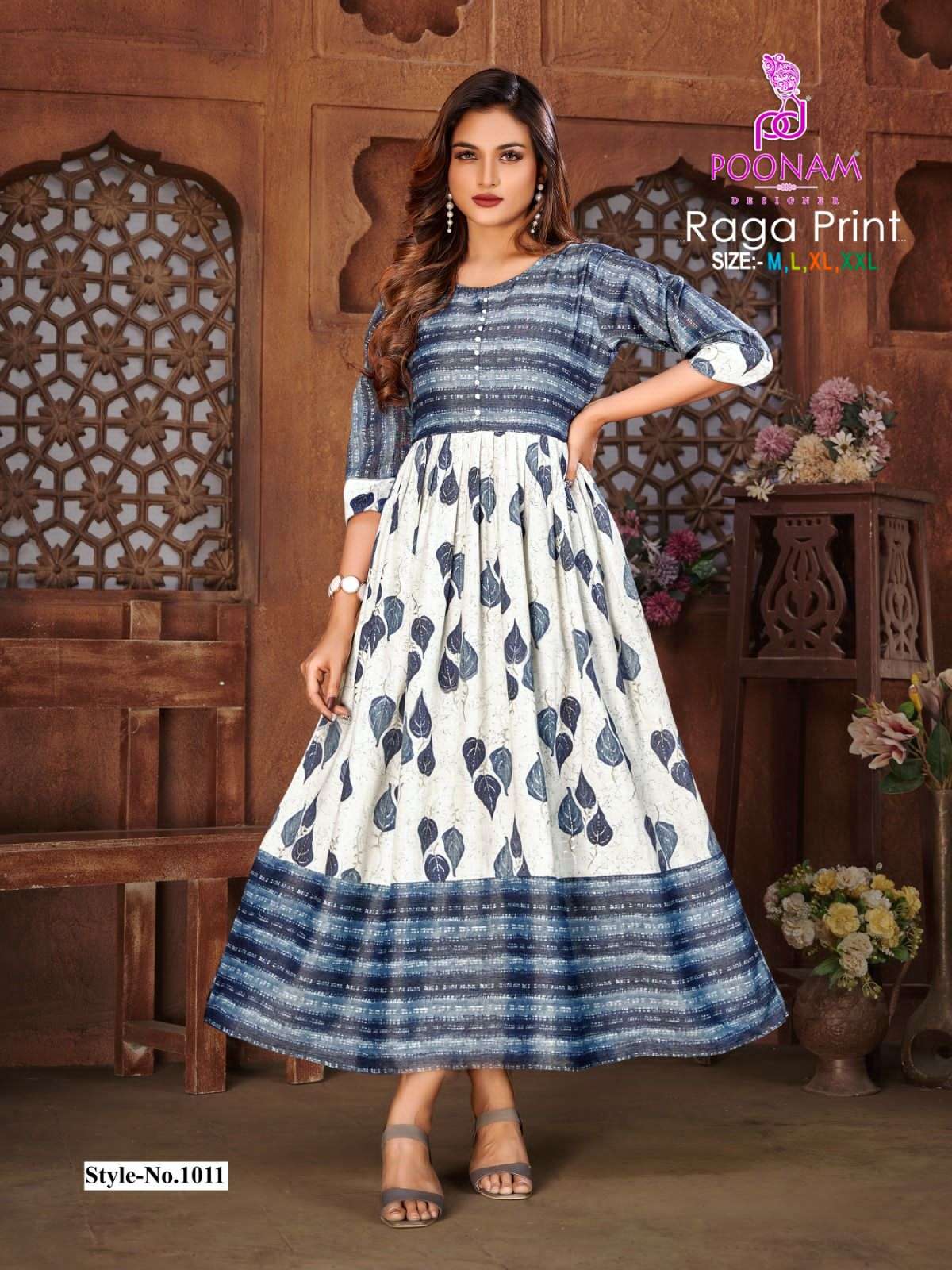  Poonam Raga Rayon Print Long Anarkali Kurti On Wholesale