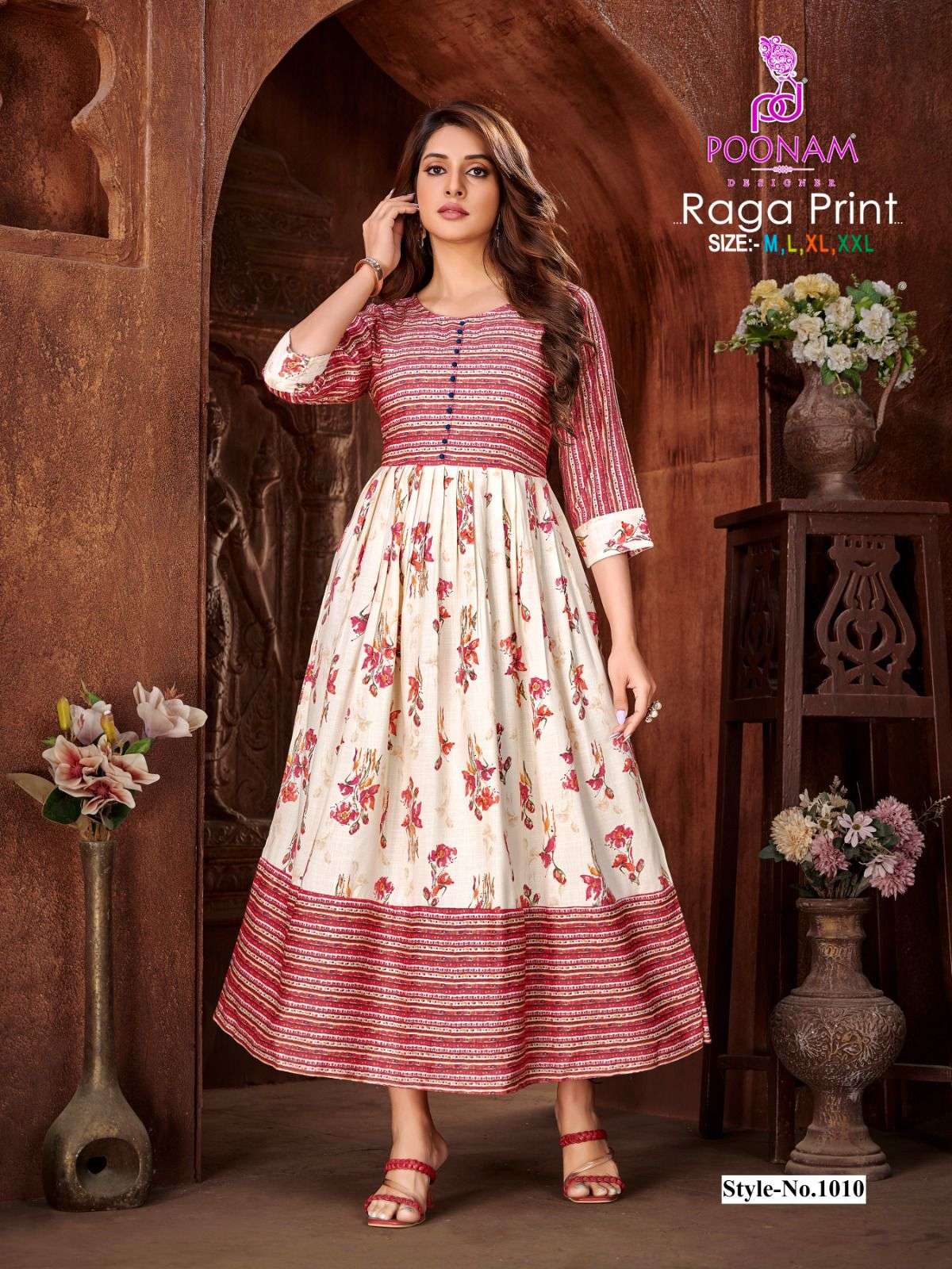  Poonam Raga Rayon Print Long Anarkali Kurti On Wholesale