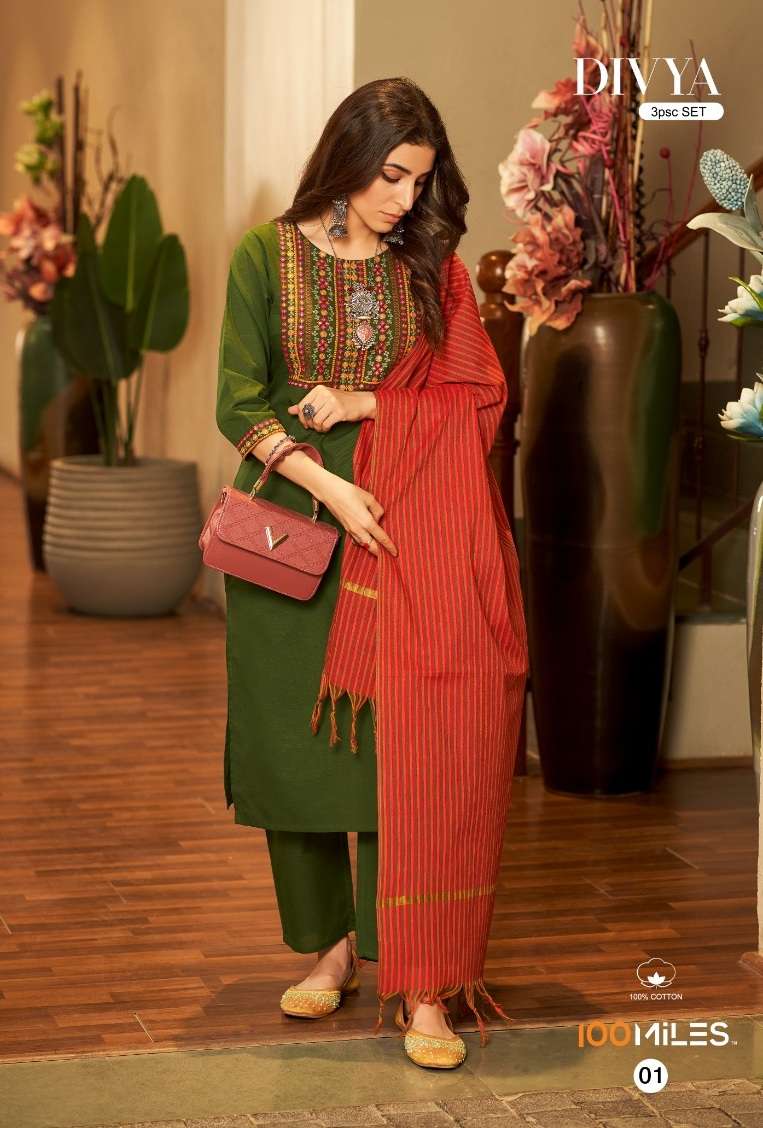 100Miles Divya Summer Collection Kurti Pant Dupatta On Wholesale