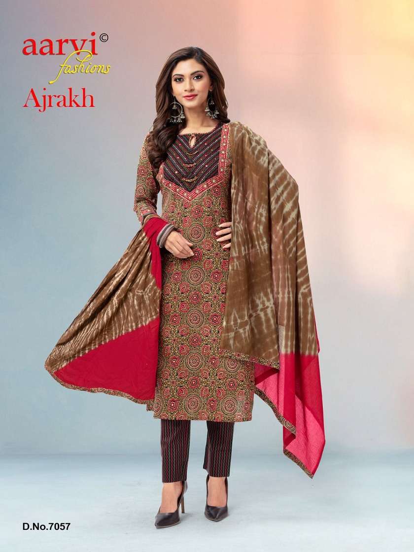 Aarvi Ajrakh Vol 1 Pure Cotton Printed With Hand Work Kurti Pant With Dupatta On Wholesale