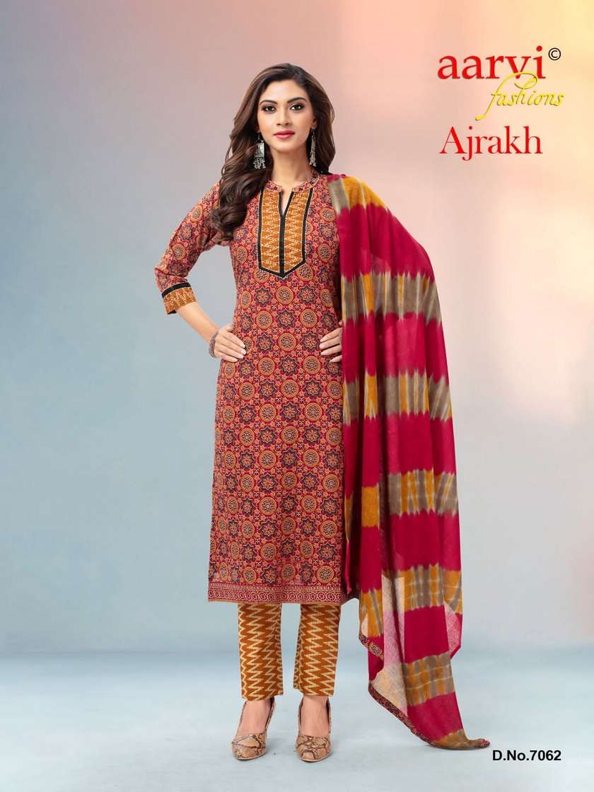 Aarvi Ajrakh Vol 1 Pure Cotton Printed With Hand Work Kurti Pant With Dupatta On Wholesale