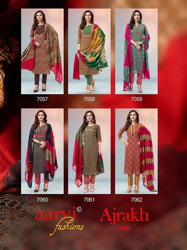 Aarvi Ajrakh Vol 1 Pure Cotton Printed With Hand Work Kurti Pant With Dupatta On Wholesale