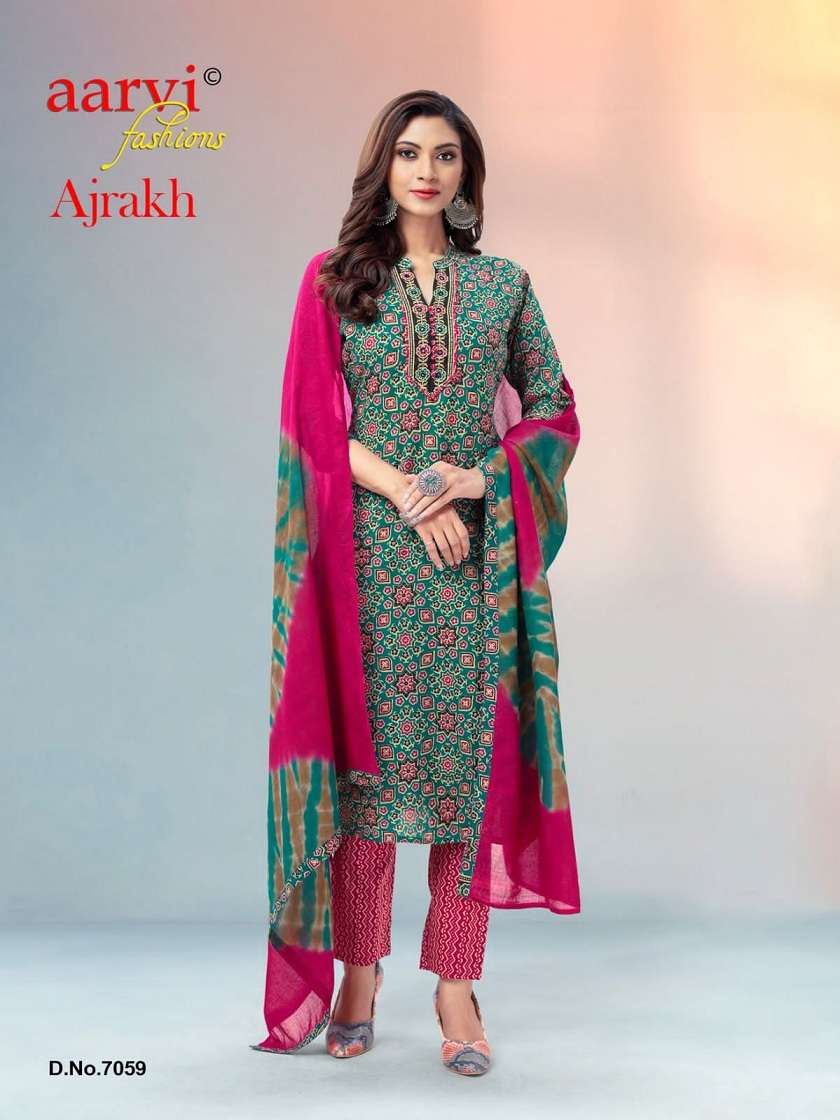 Aarvi Ajrakh Vol 1 Pure Cotton Printed With Hand Work Kurti Pant With Dupatta On Wholesale