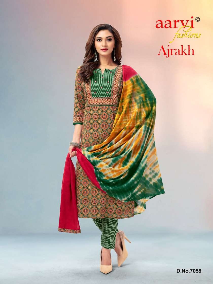 Aarvi Ajrakh Vol 1 Pure Cotton Printed With Hand Work Kurti Pant With Dupatta On Wholesale