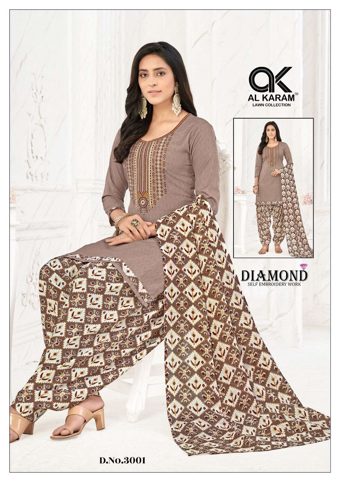 Al karam Diamond Vol 3 Pure Soft Cotton With Self Embroidery Work Top Bottom With Dupatta On Wholesale