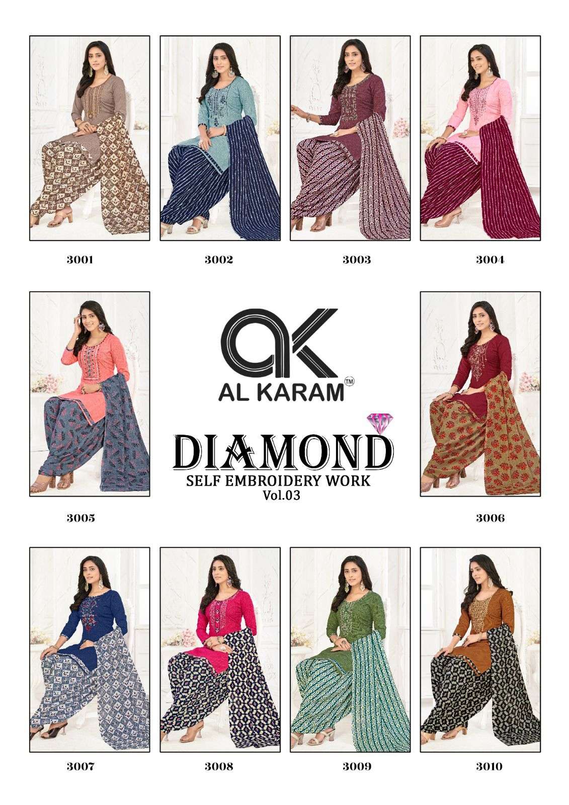 Al karam Diamond Vol 3 Pure Soft Cotton With Self Embroidery Work Top Bottom With Dupatta On Wholesale