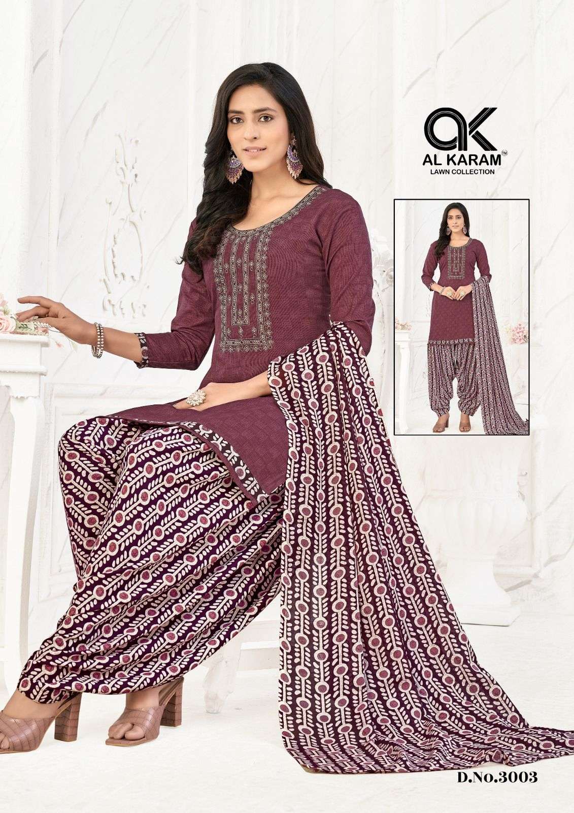 Al karam Diamond Vol 3 Pure Soft Cotton With Self Embroidery Work Top Bottom With Dupatta On Wholesale