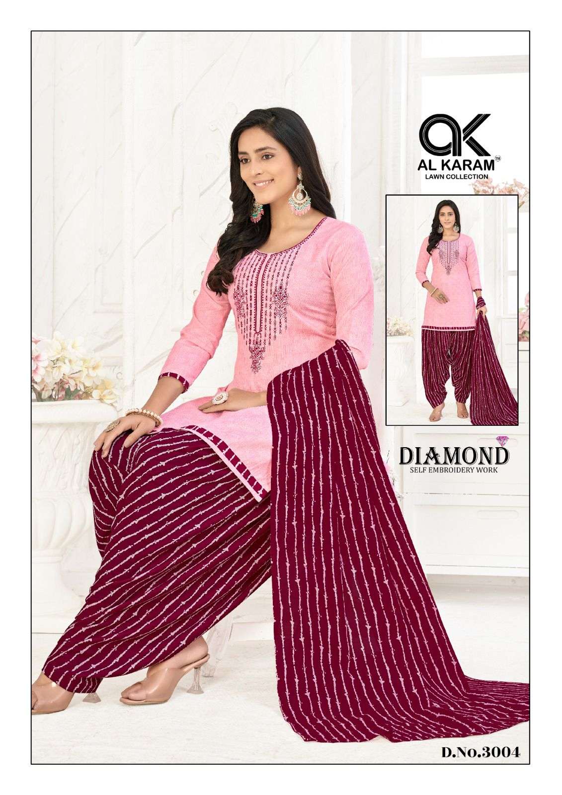Al karam Diamond Vol 3 Pure Soft Cotton With Self Embroidery Work Top Bottom With Dupatta On Wholesale