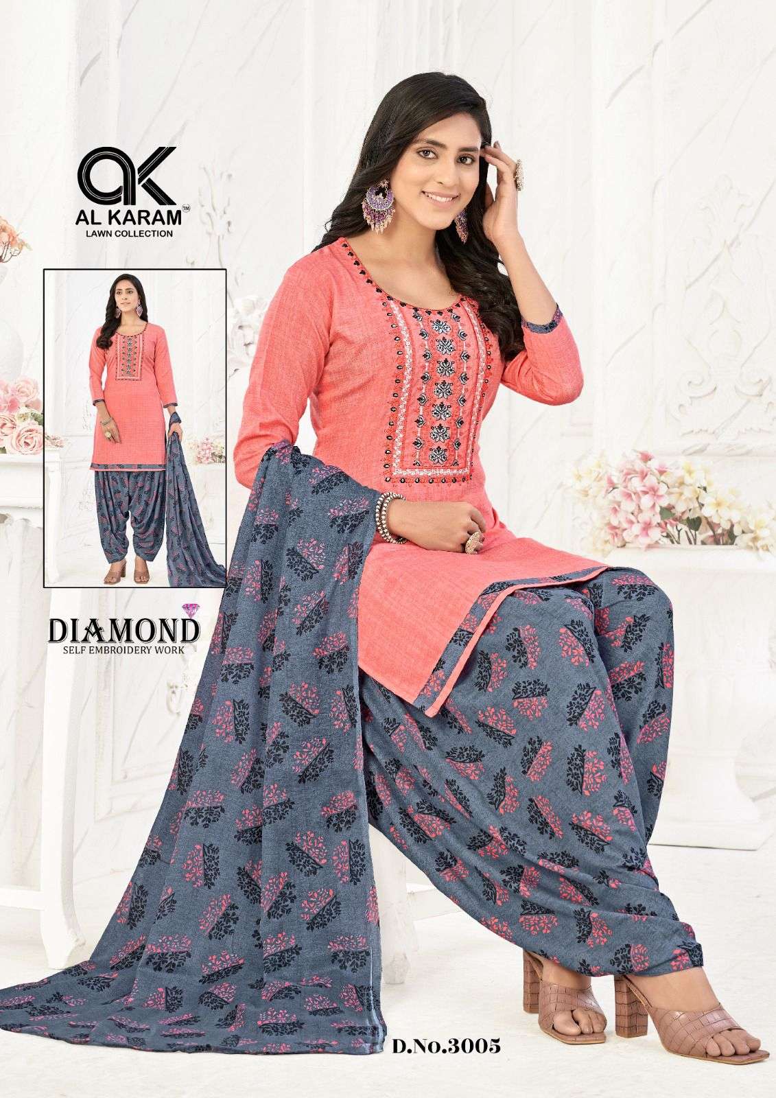 Al karam Diamond Vol 3 Pure Soft Cotton With Self Embroidery Work Top Bottom With Dupatta On Wholesale