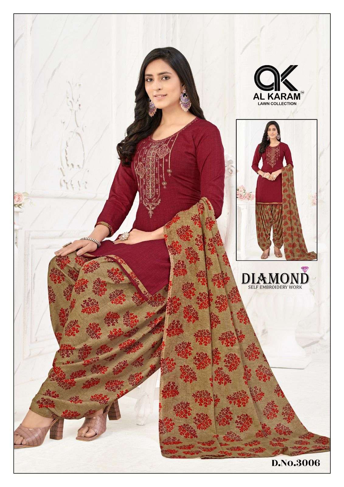Al karam Diamond Vol 3 Pure Soft Cotton With Self Embroidery Work Top Bottom With Dupatta On Wholesale