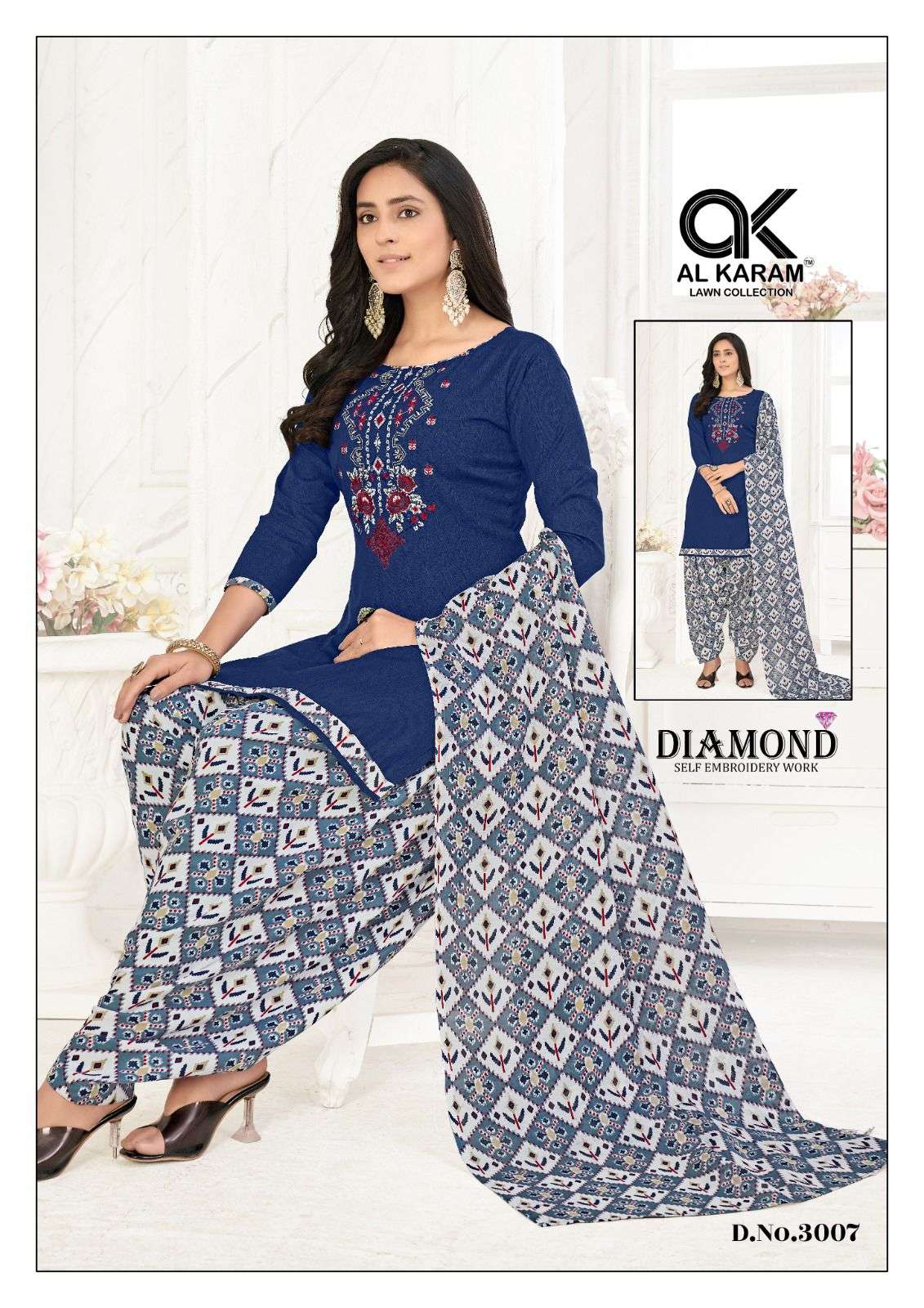 Al karam Diamond Vol 3 Pure Soft Cotton With Self Embroidery Work Top Bottom With Dupatta On Wholesale