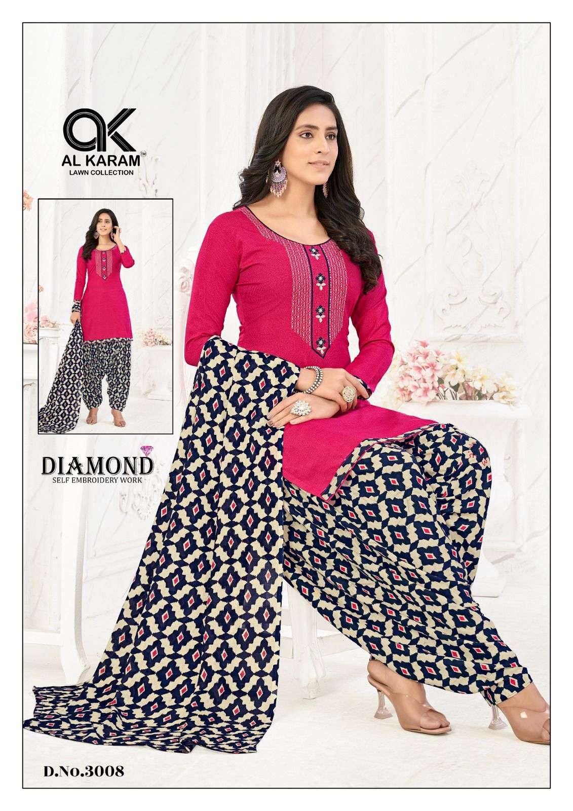 Al karam Diamond Vol 3 Pure Soft Cotton With Self Embroidery Work Top Bottom With Dupatta On Wholesale