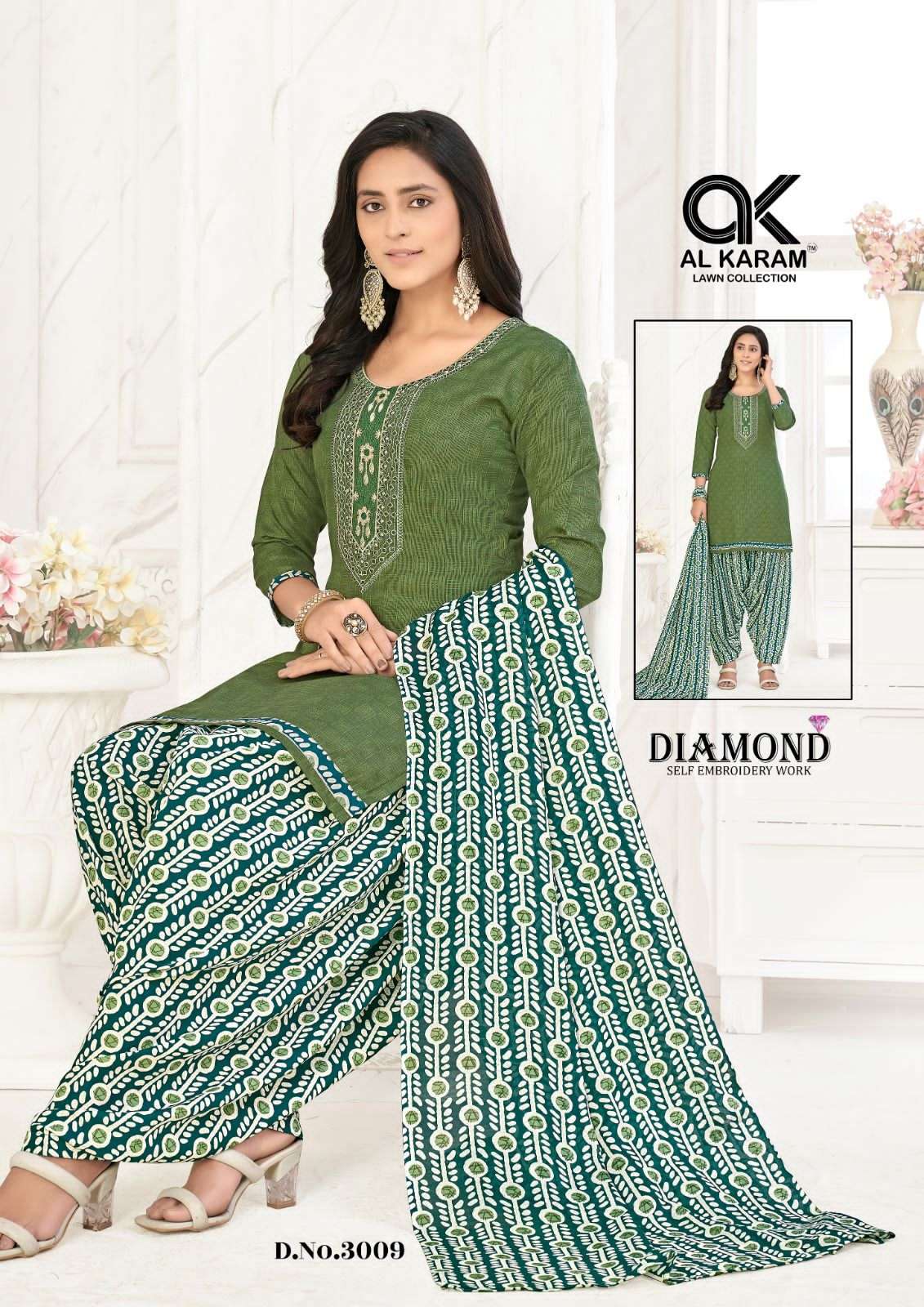 Al karam Diamond Vol 3 Pure Soft Cotton With Self Embroidery Work Top Bottom With Dupatta On Wholesale