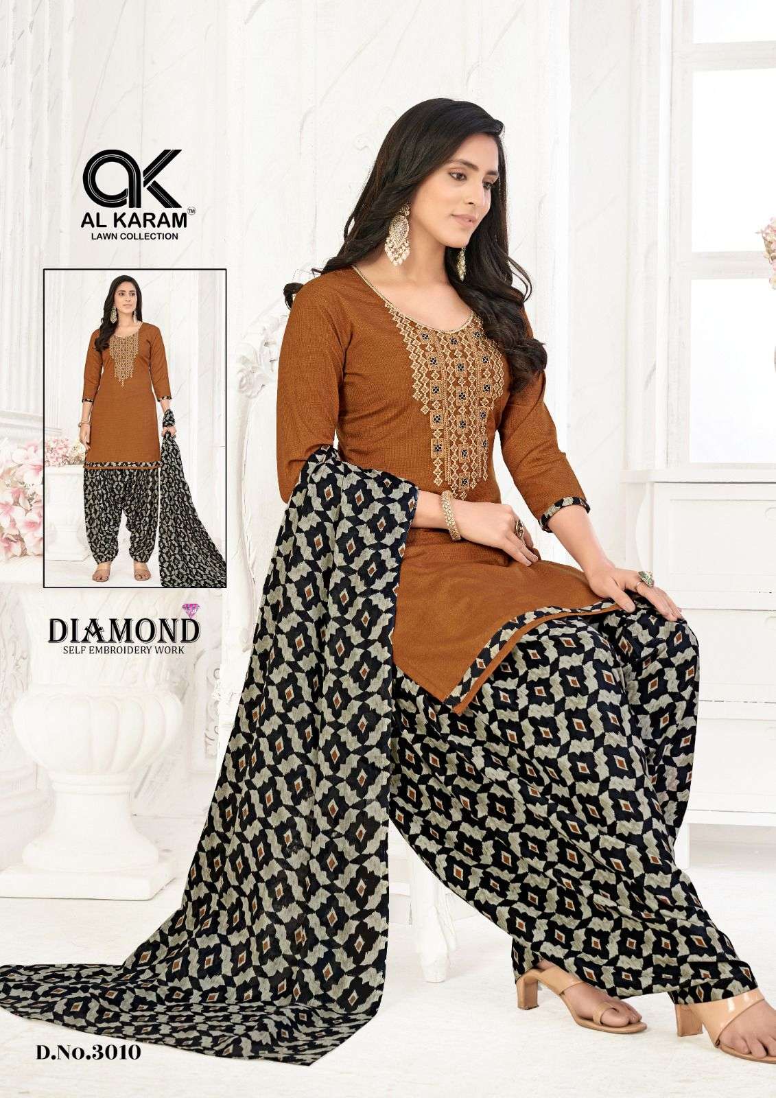 Al karam Diamond Vol 3 Pure Soft Cotton With Self Embroidery Work Top Bottom With Dupatta On Wholesale