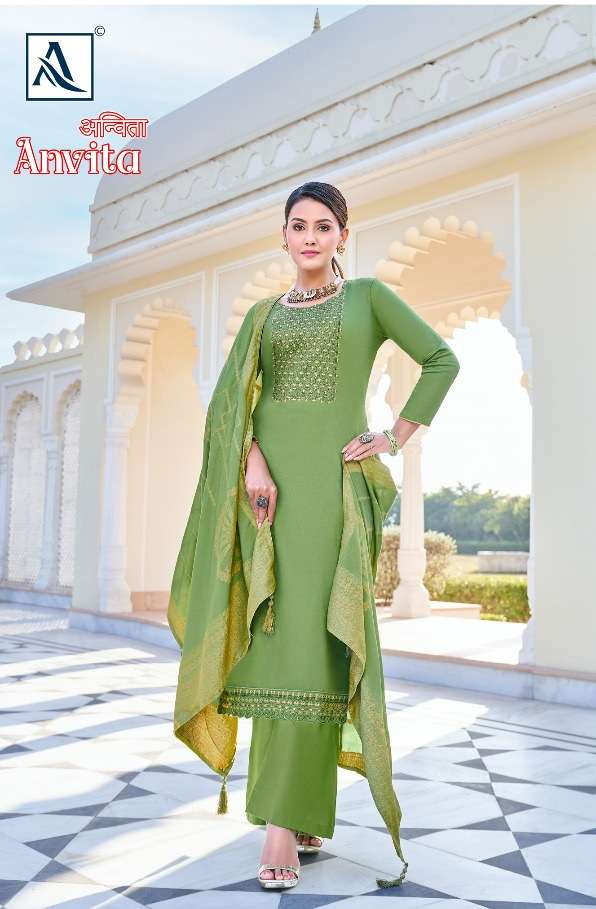 Alok Suit Anvita Pure Zam Solid With Designer Embroidery Suit On Wholesale