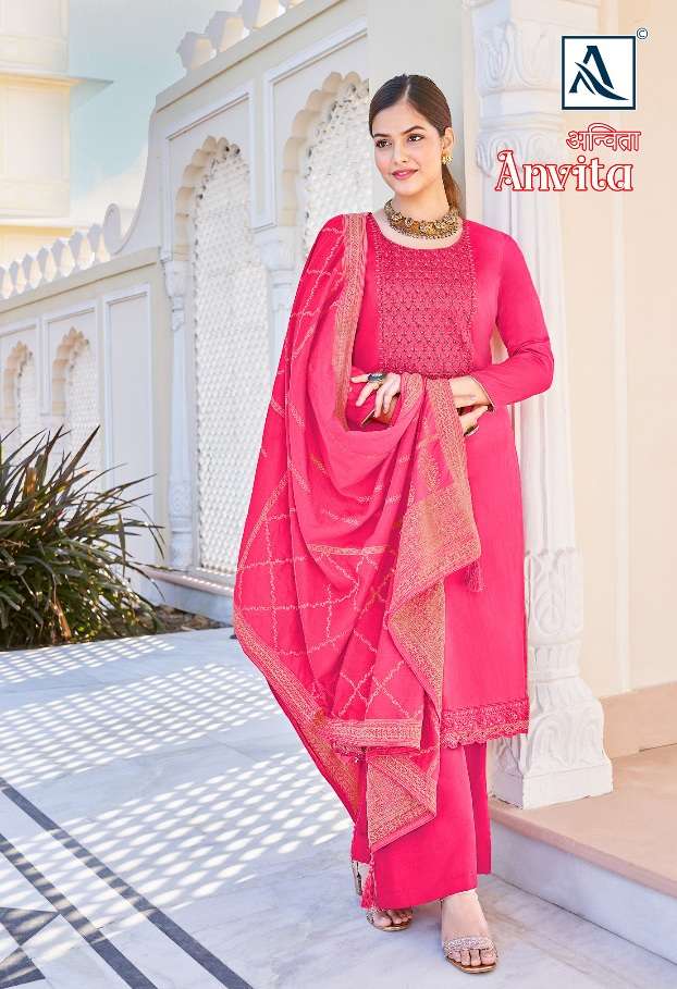 Alok Suit Anvita Pure Zam Solid With Designer Embroidery Suit On Wholesale