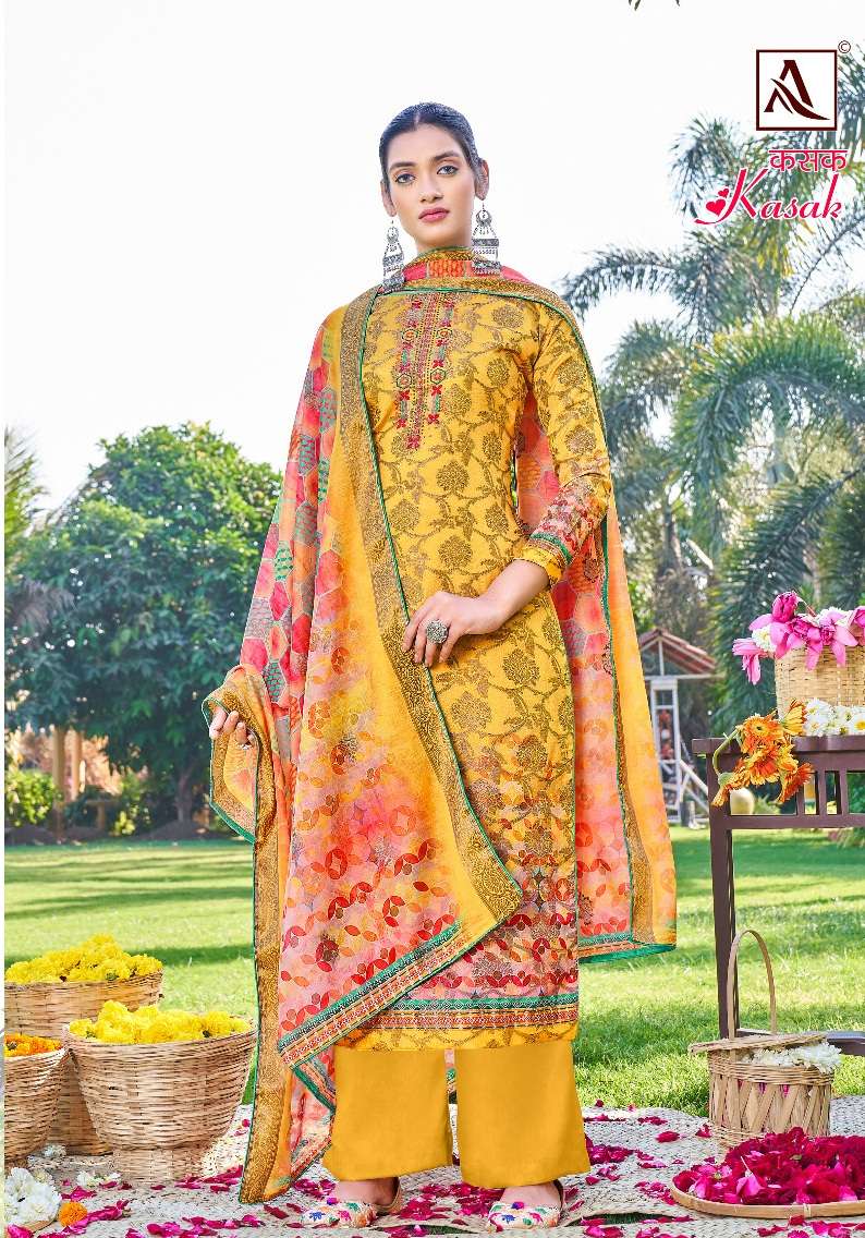 Alok Suit Kasak Hand Weave Banarasi Dola Jacquard Digital Print Top Bottom With Dupatta On Wholesale
