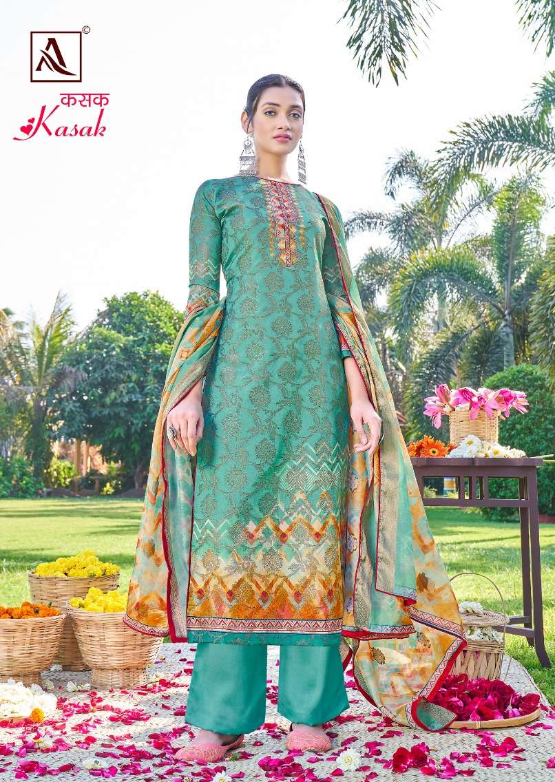 Alok Suit Kasak Hand Weave Banarasi Dola Jacquard Digital Print Top Bottom With Dupatta On Wholesale
