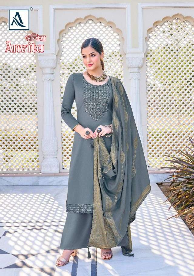 Alok Suits Anvita Pure Zam Solid With Designer Embroidery On Wholesale