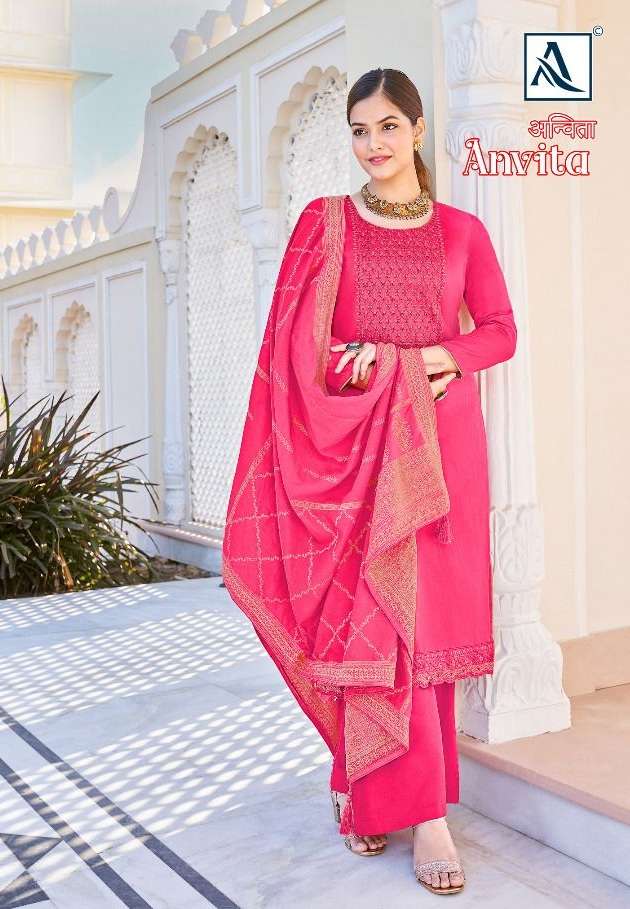 Alok Suits Anvita Pure Zam Solid With Designer Embroidery On Wholesale