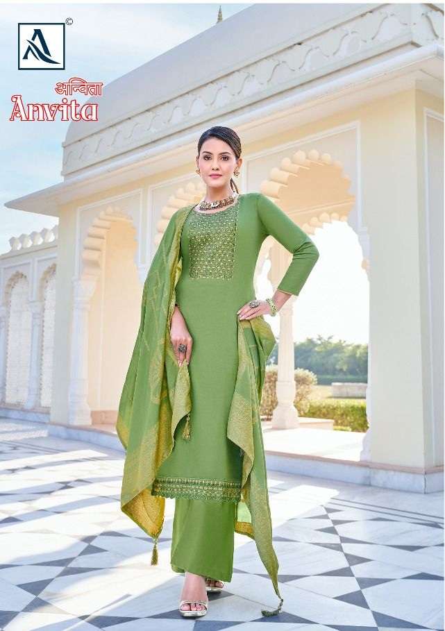 Alok Suits Anvita Pure Zam Solid With Designer Embroidery On Wholesale